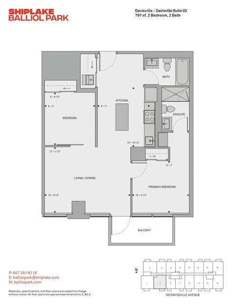Floor plan for 2 beds, 2 baths, 797 sqft